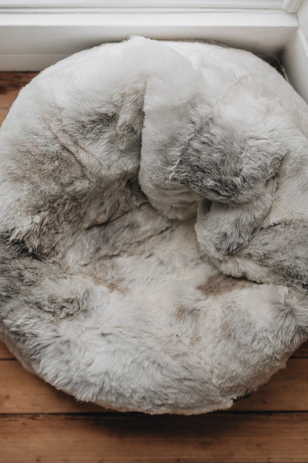 Birdseye view of a natural Melange sheepskin beanbag on a wooden floor