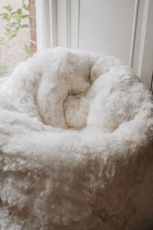 White sheepskin bean bag in a room with a window and white wall.