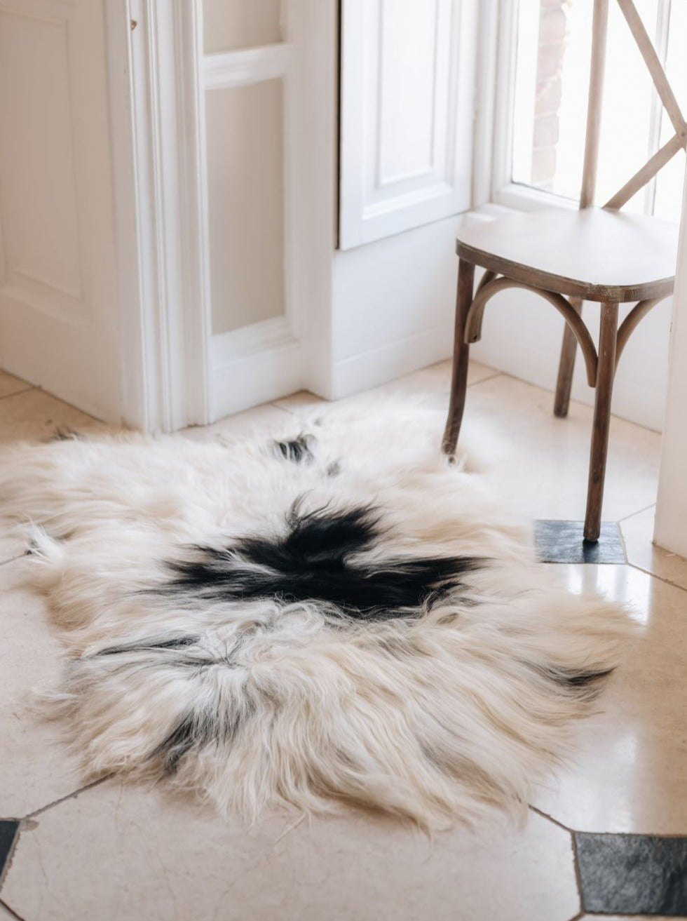 Icelandic natural spotted long sheepskin rug