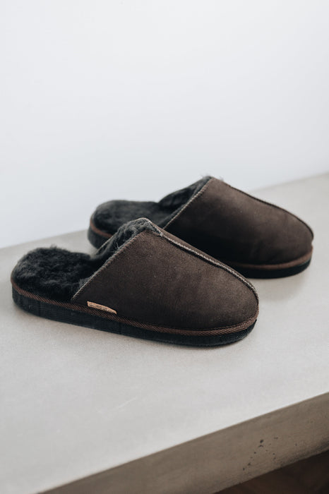 Top side view of the brown men's sheepskin mule slipper called Walter.
