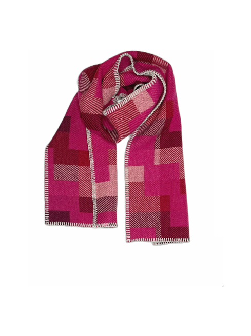 woven wool scarf in raspberry colours by salt weave studio