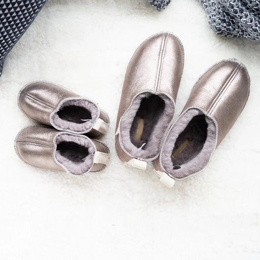 Margot children's Sheepskin Petwer grey soft soled slippers.