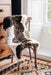 British Jacob rug in Natural white and brown spots draped over a wooden chair