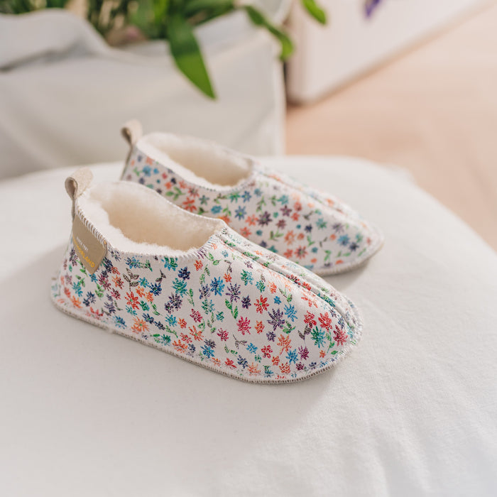 soft sole sheepskin childrens slippers on summer meadow floral print