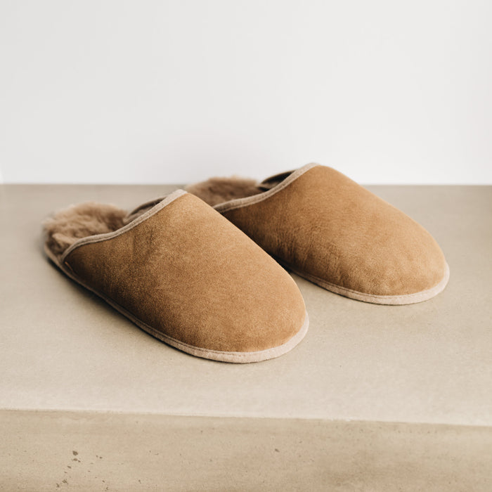 Robyn Unisex Sheepskin Slip On Soft Soled Slippers, in taupe. From Westmorland Sheepskins.
