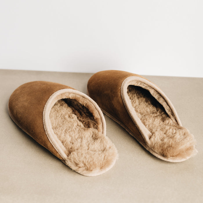 Robyn Unisex Sheepskin Slip On Soft Soled Slippers, in taupe. From Westmorland Sheepskins.