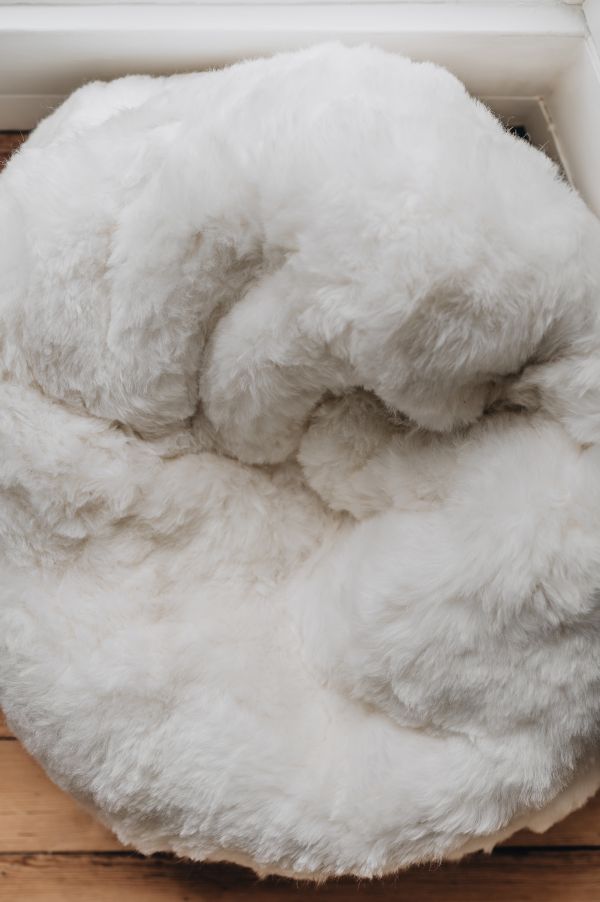 Close-up of a white sheepskin bean bag on a wooden floor.