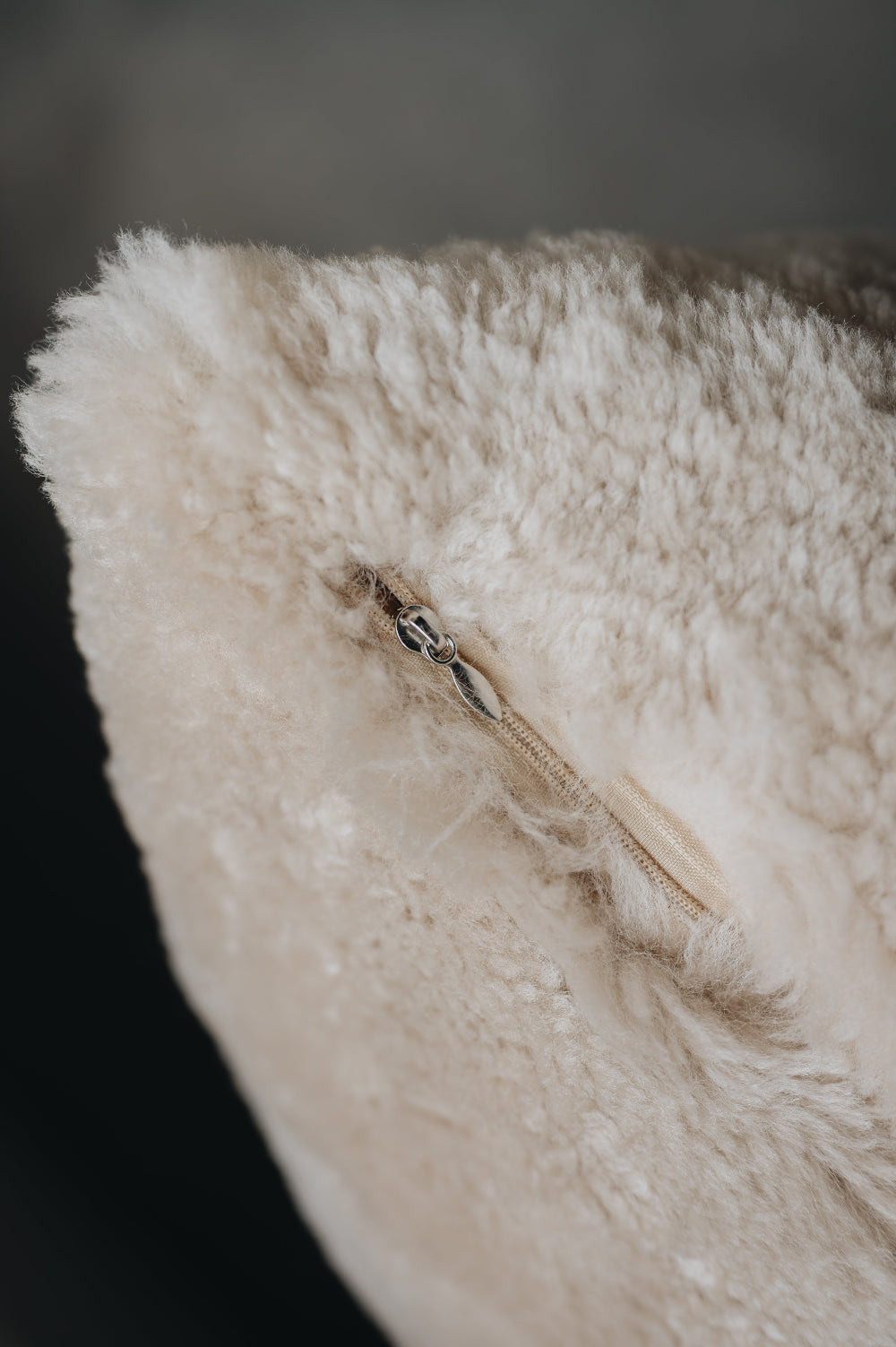 Close-up of a zip on a sheepskin cushion.
