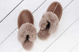 Womens Slip On Sheepskin Slippers GWEN  in Walnut on White Wood Floor