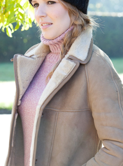 Westmorland Sheepkin Women's Soft Light Brown duffle Coat, with collar.