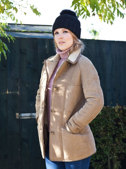 Westmorland Sheepkin Women's Soft Light Brown duffle Coat, with collar.