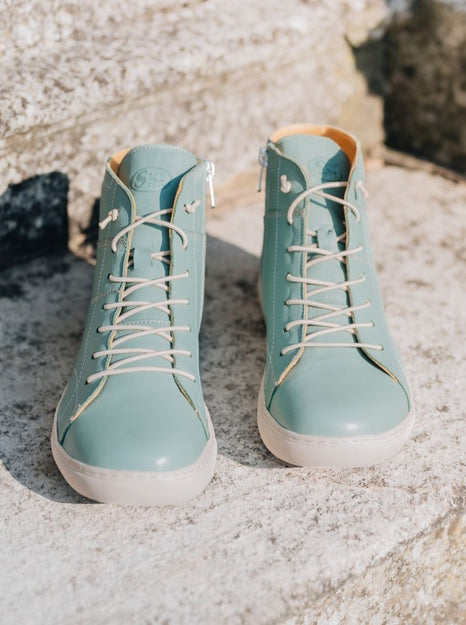 Spearmint coloured lightweight leather boots made in Europe - with Laces and Zip
