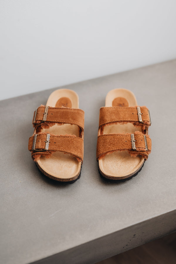 Front of sandals with dyed sheepskin to turn it a rust color