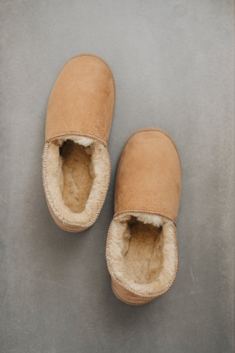 Birds eye view of clean loafer style sheepskin slipper, hand crafted from Spanish merino sheepskin.
