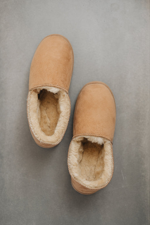 Birds eye view of clean loafer style sheepskin slipper, hand crafted from Spanish merino sheepskin.