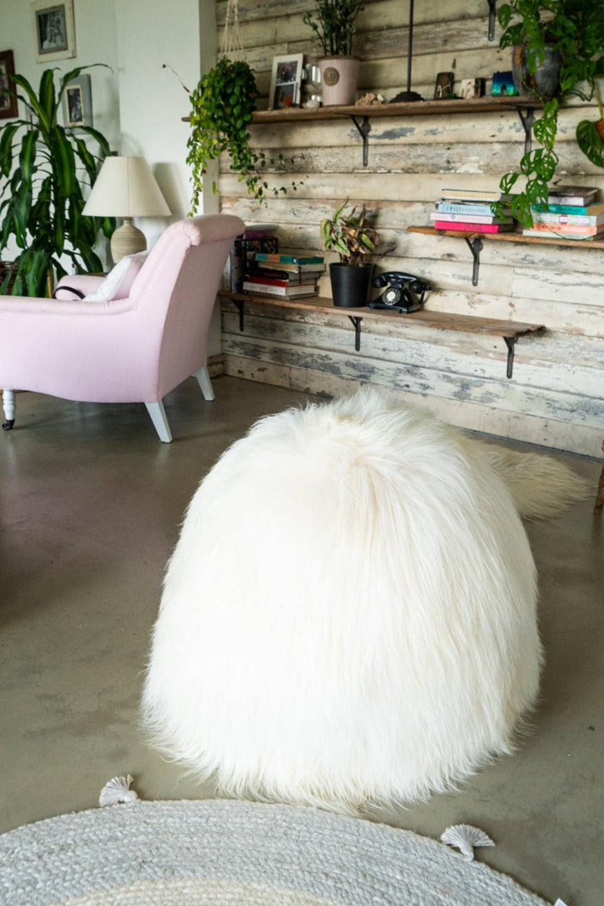 White Full Sheepskin Yoga / Exercise Ball in White.