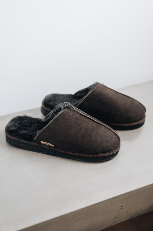 Top side view of the brown men's sheepskin mule slipper called Walter.