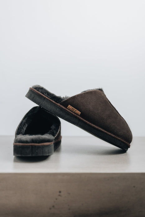 Rear and side views of the brown men's sheepskin mule slipper called Walter.