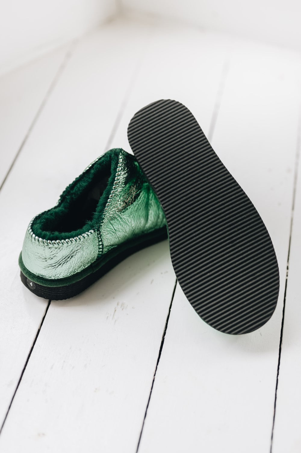METALIC GREEN WOMEN'S SHEEPSKIN SLIPPER WITH HARD SOLE
