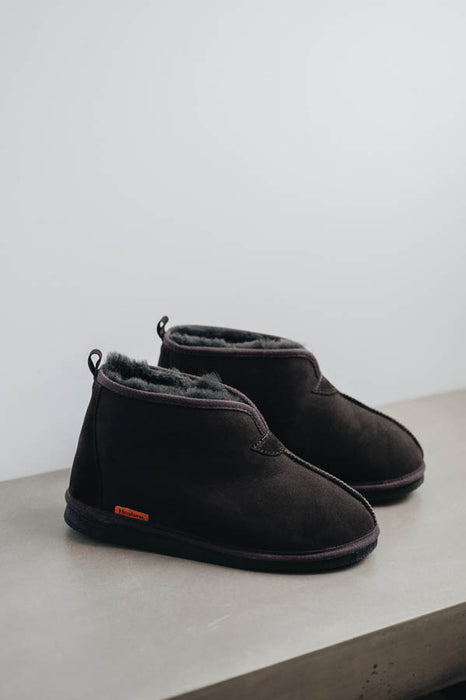 Pair of dark brown sheepskin ankle boots with wool lining on a light gray surface.