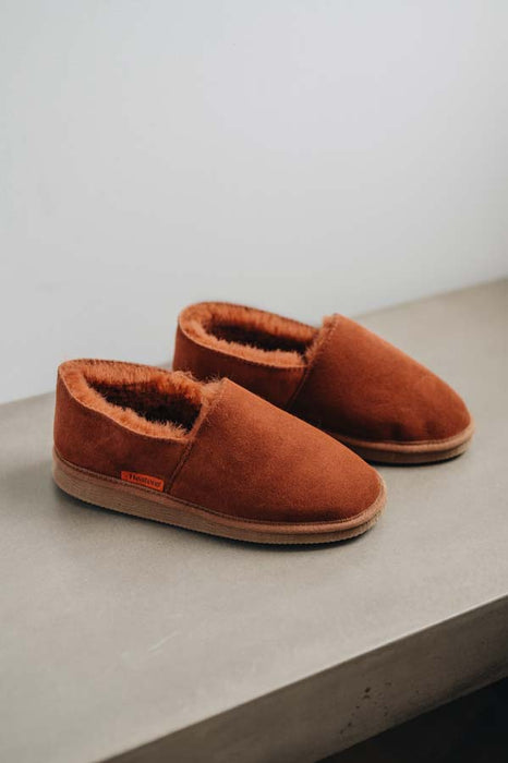 Rust coloured loafer style sheepskin slipper - Tilly profile view