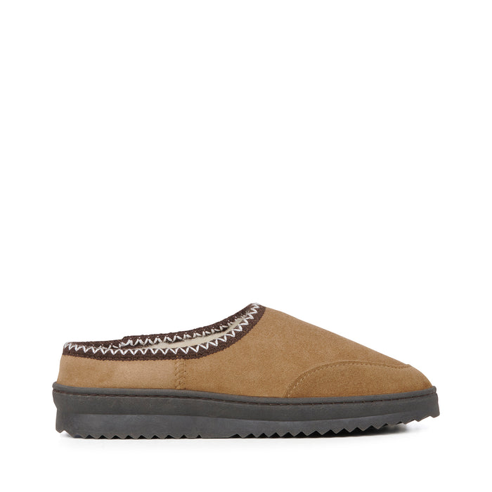 tan sheepskin slip on slippers with low back and stitching details by emu australia