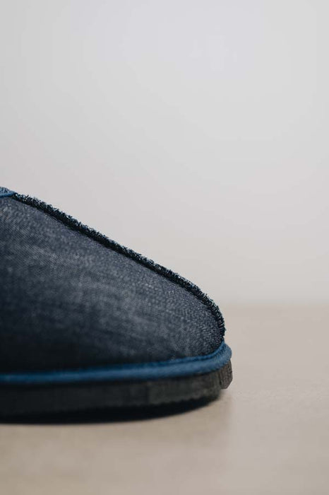 Denim covered loafer style sheepskin slipper - Willow close up of toe post