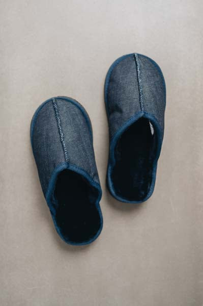 Birds eye view of the denim covered women's sheepskin mule slipper called Willow.