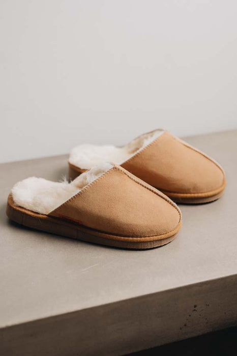 Tan coloured loafer style sheepskin slipper - Willow profile view