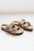 wommens sheepskin sandal with 2 buckle traps and a reflective zebra pattern finish