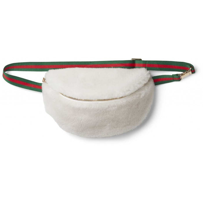 Saki Sheepskin Bumbag in White. Features colourful strap and white zippable front.