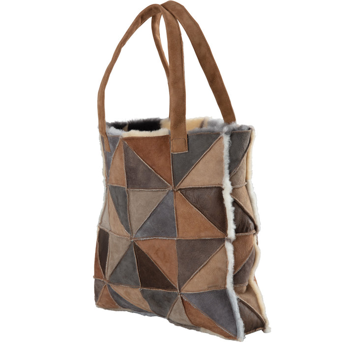 Milano Sheepskin Shopper bag. A sheepskin shopper, made from triangles of different colour sheepskin, sewn together into geometric pattern. Square shaped Shopper with shoulder straps.