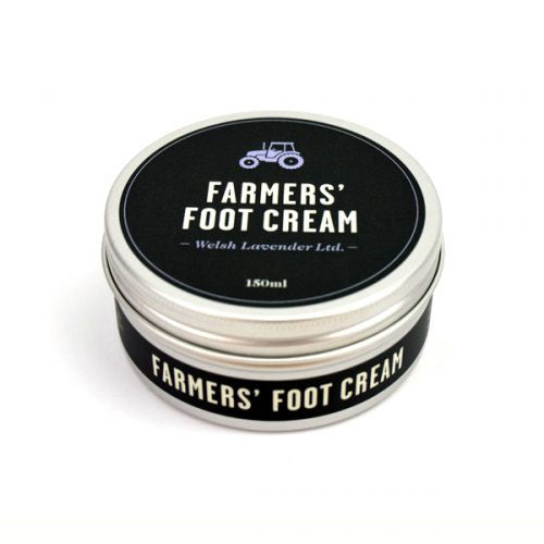 Farmer's Foot Cream 150ml tin cream. A tinned cream with a black label with a purple tractor illustration and writing reading 'Farmers' Foot Cream.