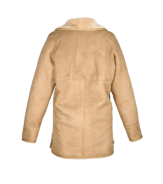 Back of Westmorland Sheepkin Women's Soft Light Brown duffle Coat, with collar.