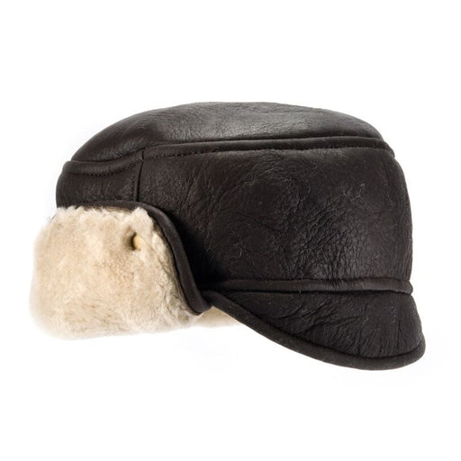 Brown Leather Trapper Hat, White Sheepskin Lined.