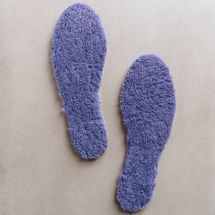 Lilac AW22 colour Sheepskin Children's Cuttable Insoles. Cut to size. Insoles layed out to show Sheepskin material.