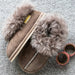 Orla Stone Children's Sheepskin Hard Soled Slippers. A Sheepskin Slipper with a cuff of Stone colour Sheepskin around the ankle, with a hard wearing outer sole.