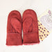 Bold pink Children's Sheepskin Mittens with thumbs, displayed next to Ellie May designed postcard.