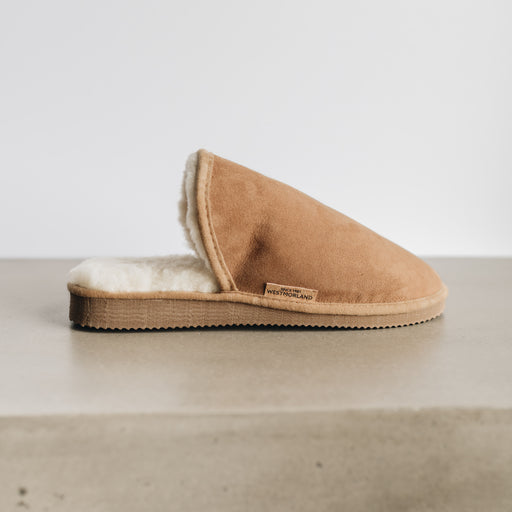 Walter Men's Sheepskin Slider Slippers, with Sheepskin Cuff. Brown Tabac Sheepskin with white sheepskin cuff and inner, brown outer hard sole and cork Westmorland Sheepskin branded tag.
