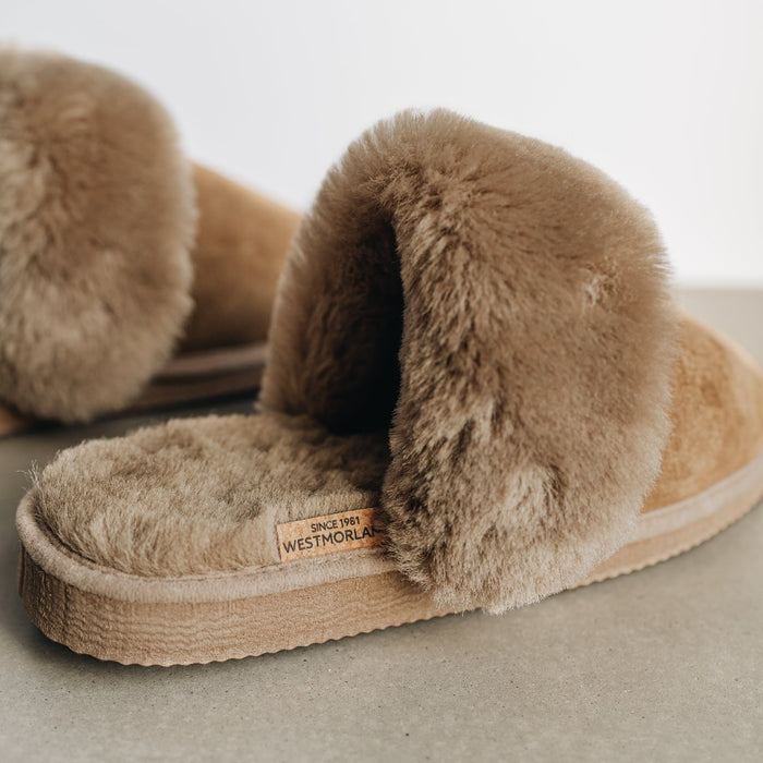 Westmorland Sheepskin Veronica Slider Slippers. Sheepskin Cuffed Taupe Slippers with hard sole and cork branded tag.