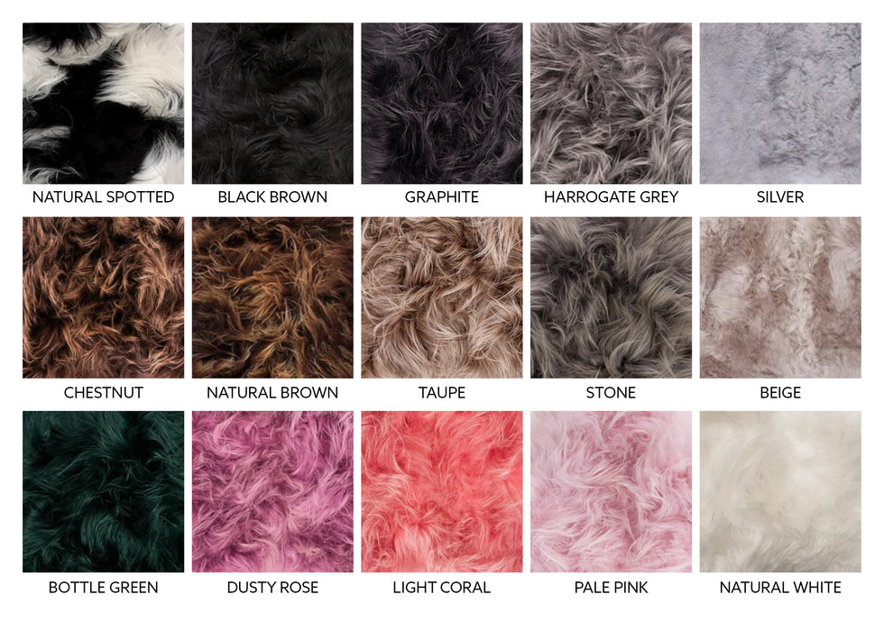 A chart of square images shows the different colours available for the Long Wool Icelandic Sheepskin Bean bag. Underneith the images reads the names of each colour.