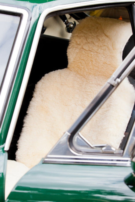 Natural Cream Sheepskin Car Seat Cover, features in a vintage Green car.