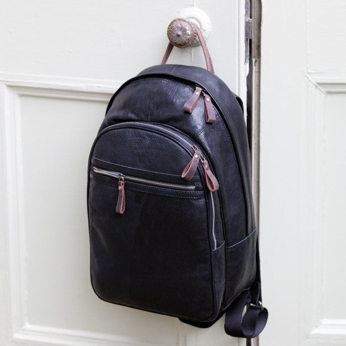 Black Leather backpack 3 zip entry