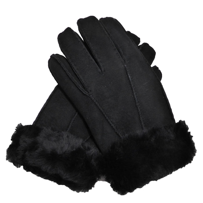 Women's Black Sheepskin Gloves with turn up cuffs.