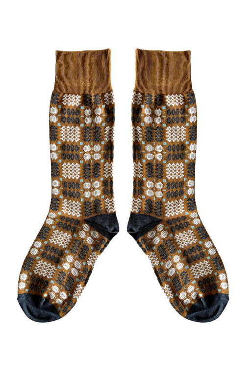 MABLI Carthen Patterned Socks in Light Conker Brown colour. Beautiful Grey, Conker brown and White pattern with Conker Brown accents on heal and toe.