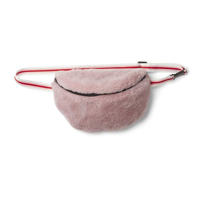 Saki Sheepskin Bumbag in Pink. Features colourful strap and black zippable front.