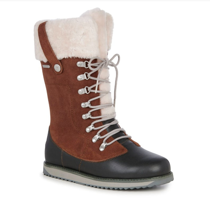 Orica Hi Oak Tan Brown and White Women's Boots from EMU Australia. White Sheepskin cuff, brown waterproof suede, black leather. Features grey laces and outer sole.