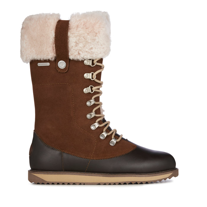 Orica Hi Oak Espresso Women's Boots from EMU Australia. Light pink Sheepskin cuff, brown waterproof suede, brown leather. Features beige laces and outer sole.