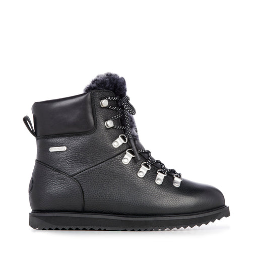 Side view of Emu Women's Leather Sheepskin Waterproof Boots, style Larawag. A sheepskin lined black leather boot, with silver eyelets and black and white laces.