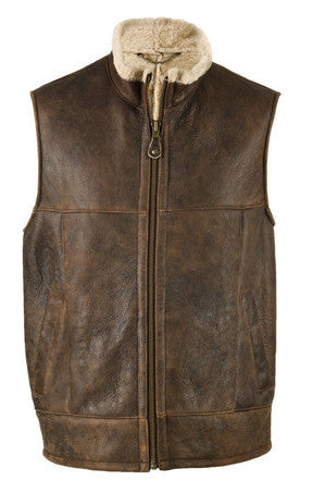 Men's Sheepskin Gilet. Brown leather gilet, sheepskin lines. Zippable front with pockets.